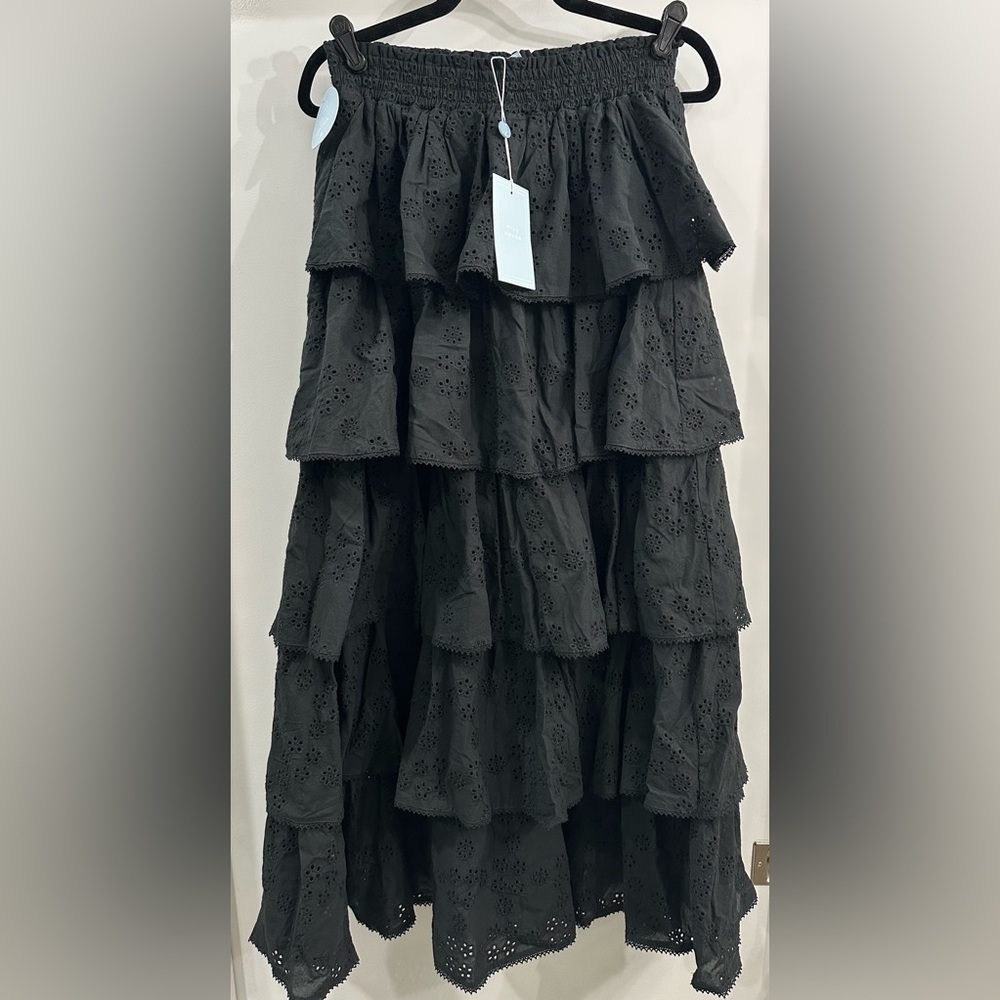 Hill House Noemie tiered black embroidered cotton eyelet maxi skirt